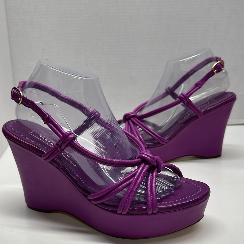 Ralph Lauren Collection Italy Amberley High Heel Platform Wedge Leather Purple 9